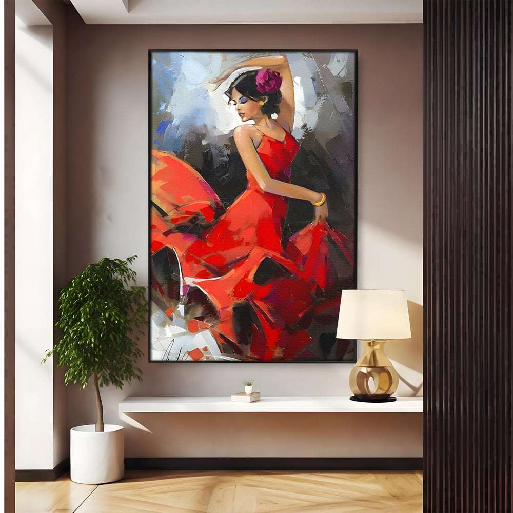 Tablou canvas cu tablou canvas cu dansatoare in rochie rosie, in rama de aluminiu negru